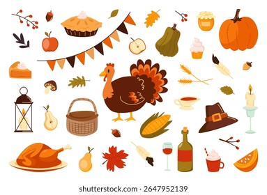 Colorful thanksgiving elements collection. Hand drawn roasted turkey, pumpkin pie, apple and pear, harvest vegetables, corn, mushroom, wine, hat, cupcake, candle and autumn leaves. Vector illustration