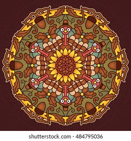 Colorful Thanksgiving Holiday Mandala Illustration. Contain: acorn, leaf, acorn, turkey, sunflower.