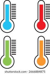 Iconos coloridos del termómetro que representan la medida de la temperatura en rojo, verde, azul y naranja que simbolizan las condiciones frías calientes y moderadas del Clima para los conceptos médicos y climáticos de la ciencia