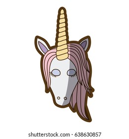 colorful thick contour of front face of female unicorn with closed eyes and pink mane vector illustration