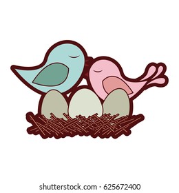 colorful thick silhouette of bird in nest with eggs and chick vector illustration