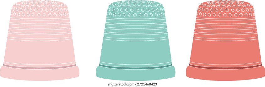 Colorful thimbles vector illustration, sewing accessories design, black and white background, detailed texture, craft tools, needlework elements, creative art concept.