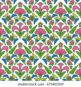 Colorful thin line floral damask ornament on white background, bright seamless pattern. Vector illustration.