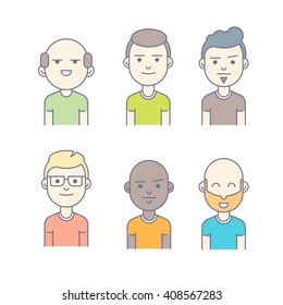 Colorful Thin Line Icons Set of People Avatars. Colorful Male Faces Icons. Flat Layout Style, Line Business Concept, Vector Illustration.
