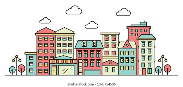 Colorful thin line style city panorama. Illustration of urban landscape skyline city office buildings. Outline cityscape. Wide horizontal panorama.