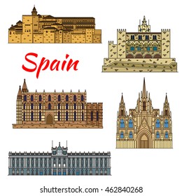 Colorful thin line travel landmarks of spanish architecture with Cathedral of Santa Maria in Palma and Barcelona Cathedral, Royal Palace in Madrid, Alhambra, Royal Palace of La Almudaina in Palma