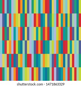 Colorful thin vertical stripes spliced with thick vertical stripes.  Bright happy rainbow colors.  Seamless repeat vector pattern. Trendy