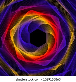 Colorful threads create a hexagonal weblike texture in an abstract background illustration.