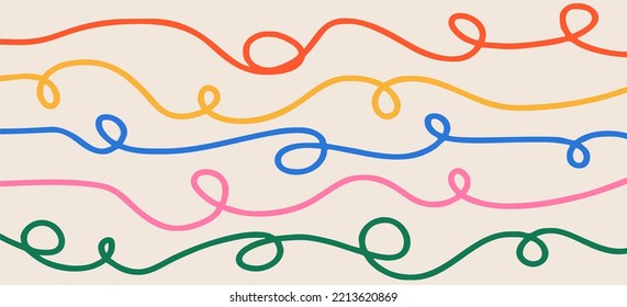 Colorful threads on a light background. Hand drawn doodles. Modern fashion illustration. Flat design, cartoon drawing, vector.