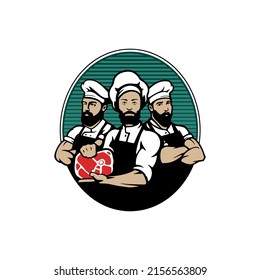 Colorful Three Butchers emblem in vector on isolated white background.