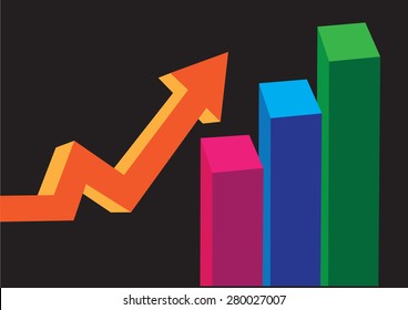 Colorful three dimensional bar chart and up arrows isolated on black background, Vector illustration of layout design elements with copy space for business concept.