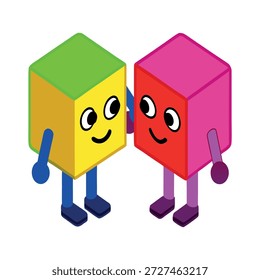 Coloridos personajes de cubo tridimensional tomados de la mano que expresan la amistad aislados sobre fondo blanco limpio