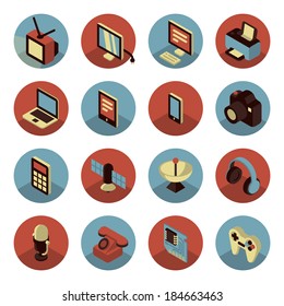 Colorful three dimensional icons of electronic multimedia and telecommunication devices