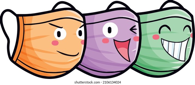 Colorful three facemask cartoon characters