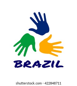 Colorful three hand print logo using Brazil flag colors 2016. Vector logo illustration.
Brazil hands vector Icon, logo, emblem using Brazil flag colors.