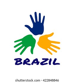 Colorful three hand print logo using Brazil flag colors 2016. Vector logo illustration.
Brazil hands vector Icon, logo, emblem using Brazil flag colors.