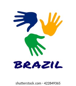 Colorful three hand print logo using Brazil flag colors 2016. Vector logo illustration.
Brazil hands vector Icon, logo, emblem using Brazil flag colors.