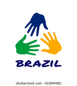 Colorful three hand print logo using Brazil flag colors 2016. Vector logo illustration.
Brazil hands vector Icon, logo, emblem using Brazil flag colors.