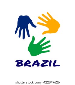 Colorful three hand print logo using Brazil flag colors 2016. Vector logo illustration.
Brazil hands vector Icon, logo, emblem using Brazil flag colors.