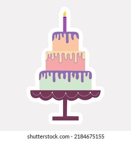 Colorful Three Layer Cake With Burning Candle In Sticker Style.