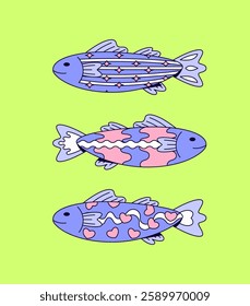 Colorful three patterned purple fish vector hand drawn perfect for aquariums, educational materials about marine life, and ocean conservation