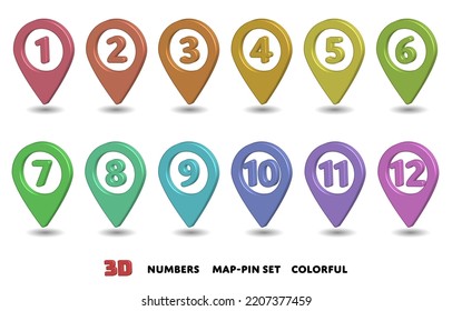 Conjunto de clavijas de mapa colorido y tridimensional con números