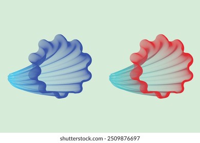 A colorful, three-dimensional render of a seashell shape, featuring smooth, curved lines and scalloped edges. The shell displays a gradient of colors transitioning from soft blue top side.