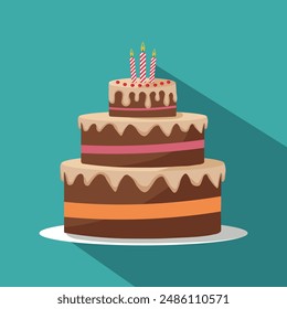 Colorful Three-Tier Birthday Cake Vector Illustration with Candles