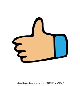 Un pulgar colorido sube el icono del doodle en el vector. Icono de un dedo pulgar colorido hacia arriba en el vector. Mano de garabato mostrando como signo. Como ilustración de pie