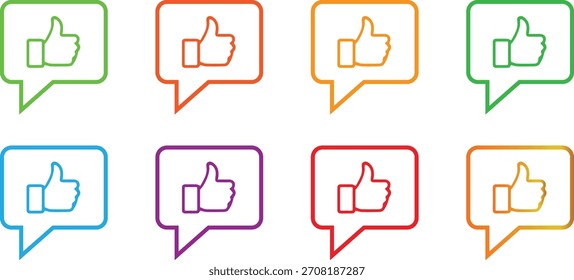 Pulgares Coloridos Hacia Arriba Como Los Iconos De La Burbuja Del Discurso Establecidos. Botones de Aprobación de Comentarios Positivo y Redes Sociales.