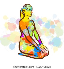 Colorful Thunderbolt Vajrasana Yoga Pose. Hand Drawn Vector Illustration, Splatter Color Isolated on White Background. Creative  Communication Concept.