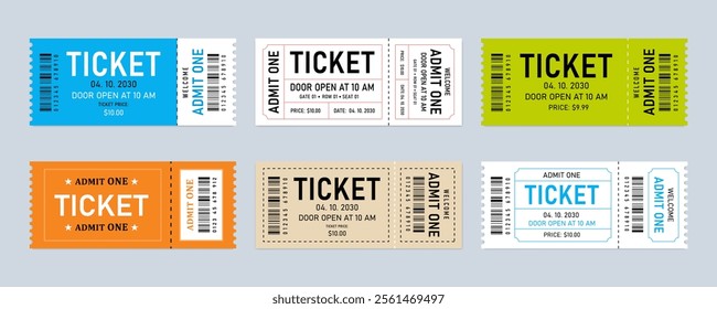 Colorful Ticket Design Templates. Classic admit one event ticket with detailed layouts. Ticket admit one, Cinema, theater, concert, play, party, event, festival, coupons