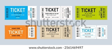 Colorful Ticket Design Templates. Classic admit one event ticket with detailed layouts. Ticket admit one, Cinema, theater, concert, play, party, event, festival, coupons