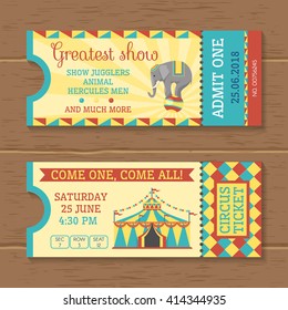 Colorful tickets for circus show on wooden background with trained elephant striped tent inscriptions isolated vector illustration 