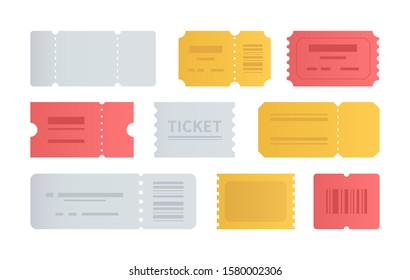 Colorful tickets collection - set of vector flat design style elements isolated on white background. Grey, yellow, red passes of different shapes and forms, with barcodes, detachable section