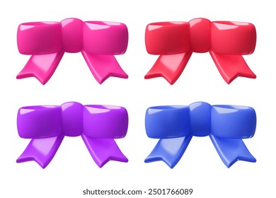 Colorful tied bows 3d vector illustrations collection. Cute children's birthday gift decorations. Pink, blue red and purple ribbons.