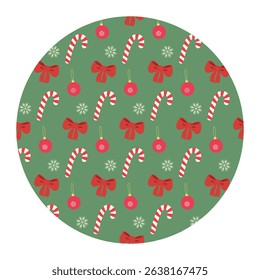 Colorful Tied ribbon bow Candy Cane Snowflakes and Christmas toy Seamless pattern on Circle Backdrop
