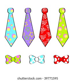 Colorful ties and bow isolated on white. Vector illustration