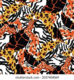 Colorful Tiger Hair Vector Seamless Pattern. Abstract Cat Print. Mix Graphic Animal Skin Leopard Wallpaper. African Snake Wild Illustration.