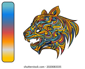Cabeza de tigre colorida con una combinación de muchos detalles de curva. A la izquierda está el esquema de color utilizado, el fondo es transparente.