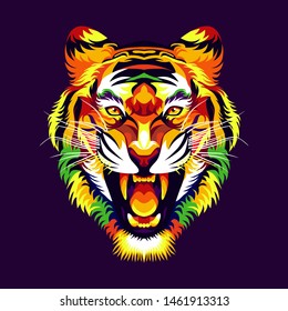 colorful tiger head with a dark purple background. - Vector.