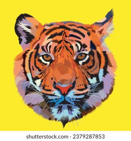 Colorful Tiger head isolated on yellow background.