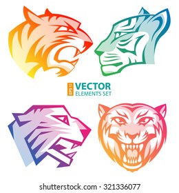 Colorful tiger head logos with rainbow gradients set on white background. RGB EPS 10 vector illustration