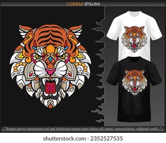 Colorful Tiger head mandala arts isolated on black and white t shirt.
