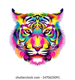 Colorful tiger head, modern pop art style, white background. - Vector.