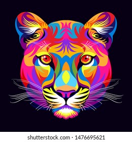 Colorful tiger head, modern pop art style, dark purple background. - Vector.