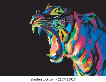 colorful tiger head on pop art style isolated with black backround