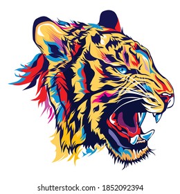 Colorful tiger head roaring illustration