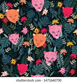 colorful tiger in jungle seamless pattern
