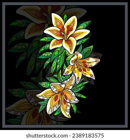 Colorful tiger lily flower mandala arts isolated on black background.